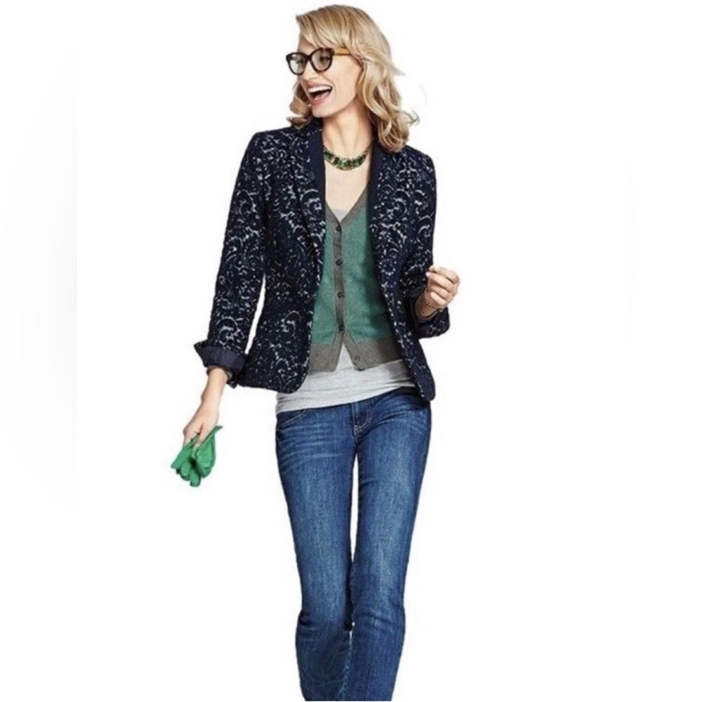 CAbi Womans Sz 4 Navy Jacquard Brocade Paisley Blazer Jacket Wool